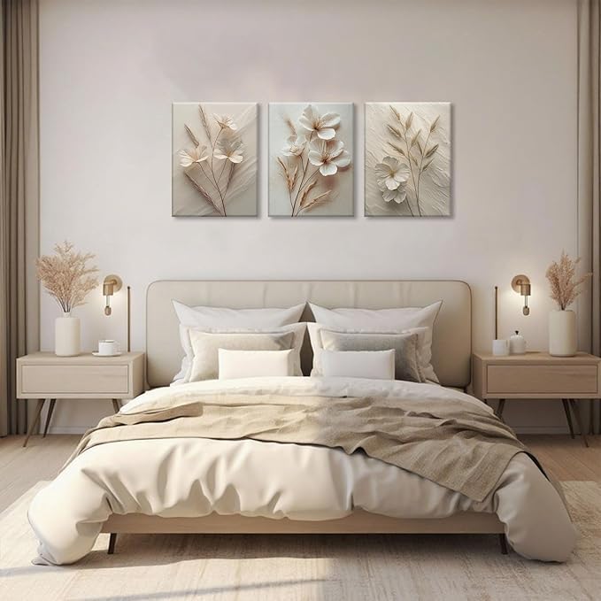 TUEASKY 3 Piece Canvas Wall Art Flower Wall Decor Beige Pictures Botanical Paintings Floral Prints Artwork for Living Room Bedroom