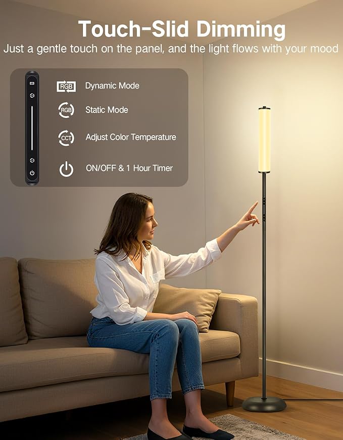 OUTON Floor Lamp for Living Room, 66 in LED Corner Floor Lamp with Remote, App and Touch Slider Control, 2200K-6500K Stepless Dimmable RGB Standing Lamp with Timer, Memory and Music Sync, Black