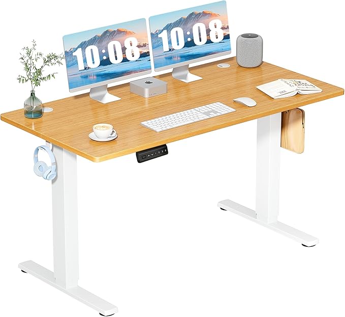DUMOS 55 Inch Electric Standing Desk Height Adjustable, Sit to Stand Computer Workstations Large Work PC Table Home Office Writing Gaming Desks with Memory Presets for Walking Pad, Bedroom, Oak