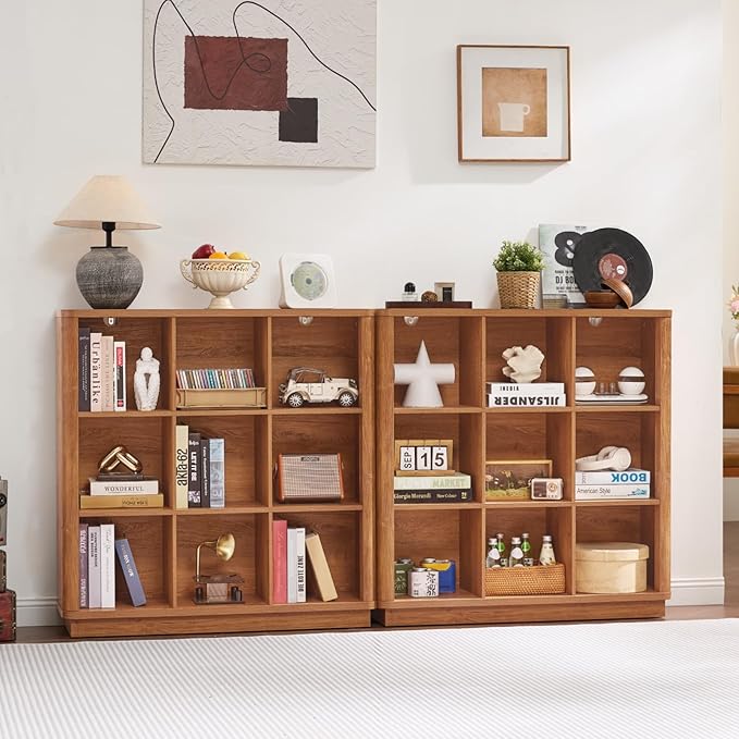 9 Cube Storage Book Shelf, 40.5" Wide Organizer Bookshelf with Curved Edge, Wood Floor Standing 3-Tier Cubby Bookcase with Base, Country Rustic Display Book Case for Library, Office, Brown