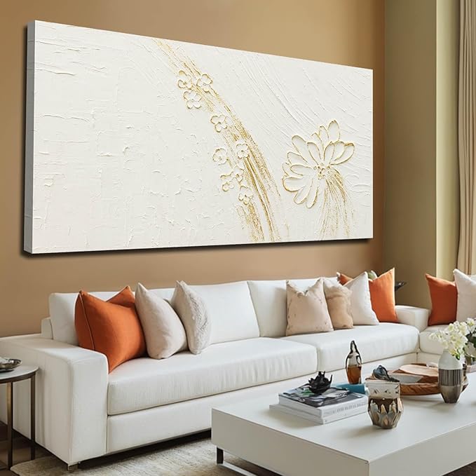 VAYIMDH White Paintings Texture Wall Art Canvas Pictures Gold Hand Drawn Arts Beautiful Floral Wall Decor for Home Office 24"x48"