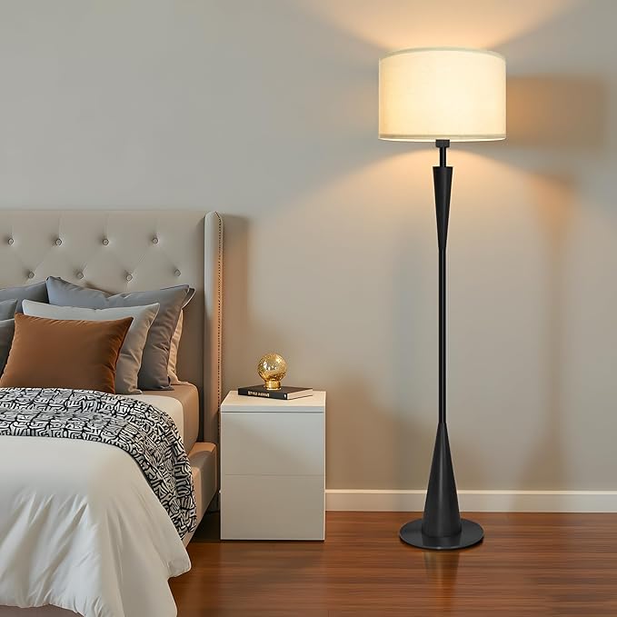 Floor Lamp for Living Room, Wood 3 Color Temperatures & Linen Shade, Modern Reading Standing Lamp with 9W LED Bulb, Mid Century Night Light for Farmhouse, Bedroom, Office, Black