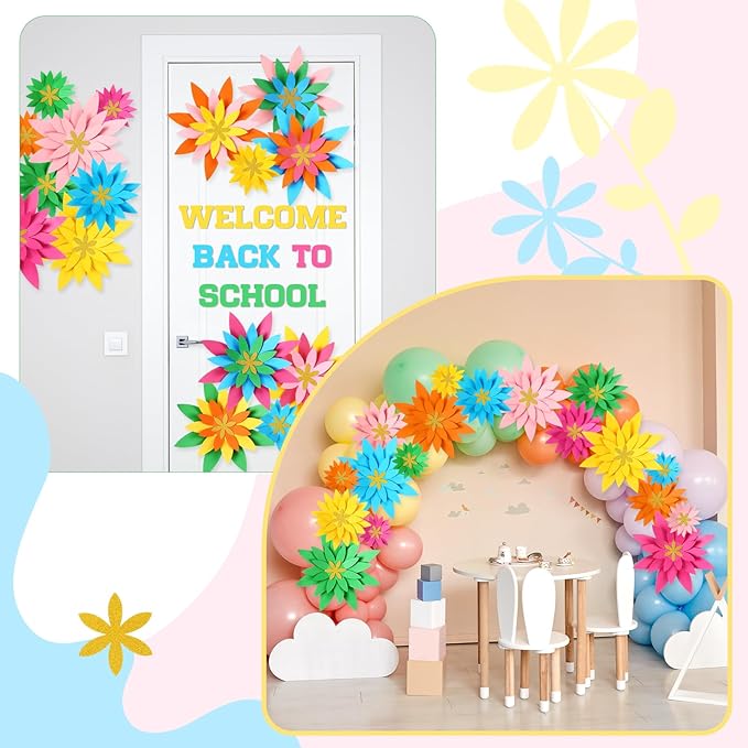 18 Pcs Paper Flowers Decor for Wall DIY Flower Bulletin Board 3D Spring Fiesta Mexican Paper Floral Decoration for Photo Backdrop Classroom Back to School Party(Star-Shaped,Rainbow)