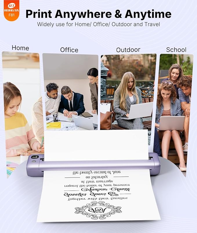 Rongta Portable Printers Wireless for Travel, Bluetooth Mobile Printer, Thermal Inkless Printer for School/Office/Home Use, Compatible with Android,iOS & Laptop (Purple)