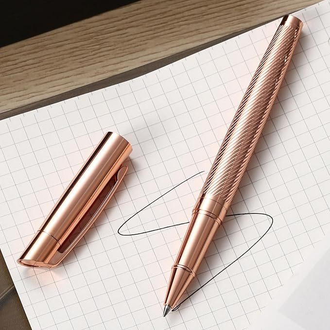 Rollerball Liquid Ink Signature Pens for Women Luxury Box Gel Black Ink Fancy Pen Refillable for Executive Office,Professional,Birthday Nice Gift Penset Rosegold