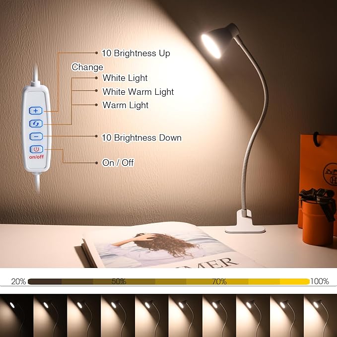Clamp Desk Lamp, Clip on Reading Light, 3000K-6500K Adjustable Color Temperature, Multiple Illumination Modes, CRI>90, 6Watts (Adapter Included)