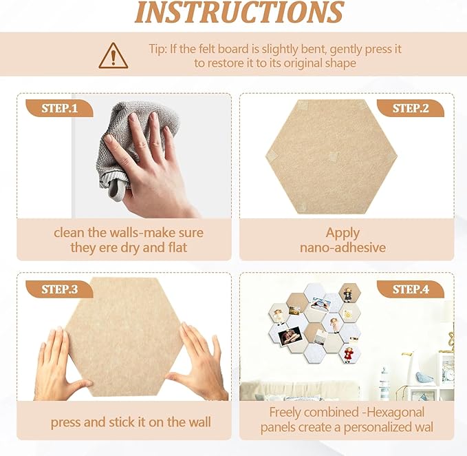 16 Pcs Hexagon Cork Board for Walls with 50 Wooden Push Pins 12x10 in Felt DIY Tiles Notice with Nano Tape Hanging Bulletin Board for Home Photo Office Memo Note(Retro)