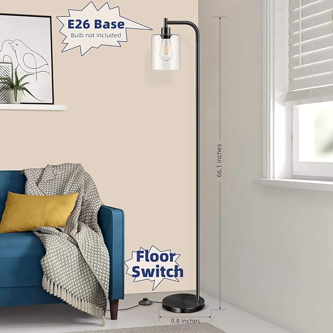 Bosceos Industrial Floor Lamp with Hanging Glass Shade Black Farmhouse Indoor Pole Light with Edison E26 Base Vintage Rustic Standing Tall Lighting for Living Room Bedroom Office(ST64 Bulb Included)