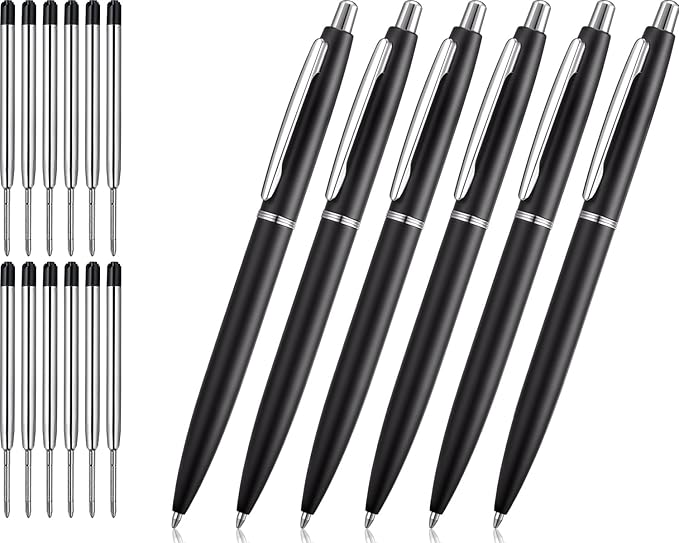 ChaoQ 6 Pcs Retractable Metal Ballpoint Pens, for Gift, Business, Office, 1.0mm Medium Point Black Ink, 12 Extras Replaceable Metal Refills - Black