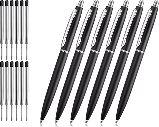ChaoQ 6 Pcs Retractable Metal Ballpoint Pens, for Gift, Business, Office, 1.0mm Medium Point Black Ink, 12 Extras Replaceable Metal Refills - Black