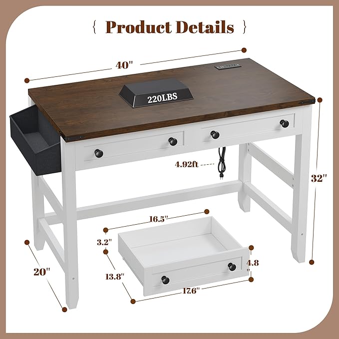 EnHomee 40" Computer Desk with Drawers, Small Desk with Power Outlets for Bedroom and Home Office, Writing Desk with Drawers and a Side Pocket, Vanity Desks for Bedroom, Brown+White