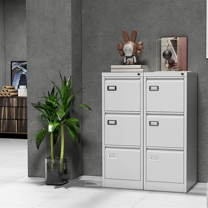 Yizosh 3 Drawer White File Cabinet with Lock, Filing Cabinets for Home Office, Metal Locking Office File Storage Cabinets with Drawers, Vertical Small Filing Cabinet Organizer for Legal/A4