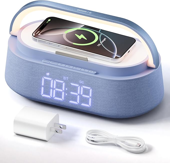 FREEFISH 6-in-1 Bluetooth Speaker with Wireless Charging, FM Radio,Bedrooms Dimmable Nights Light, Snooze Function for Home, Office, Wireless Charger Compatible iPhones 16/15/14/13/12
