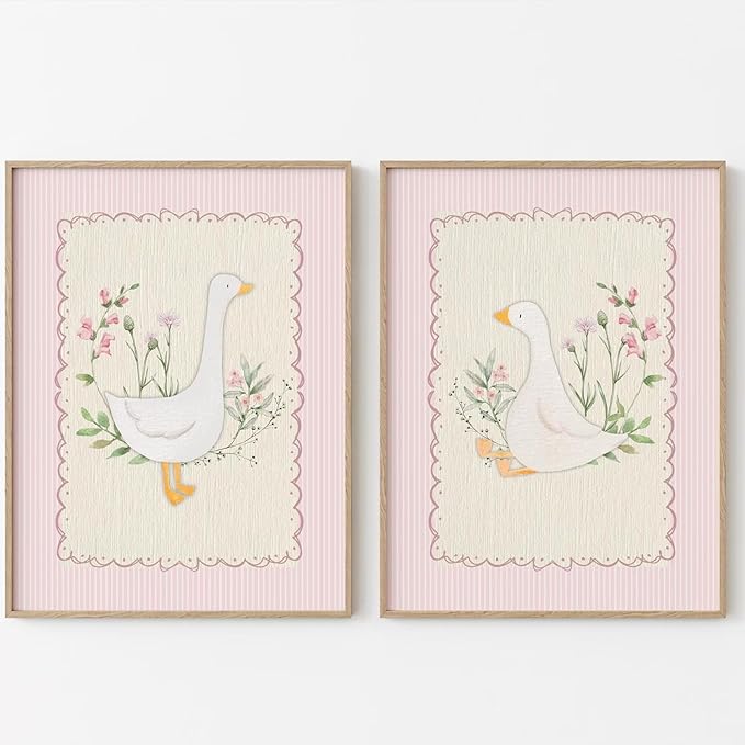 Vintage Nursery Wall Art Silly Goose Canvas Poster Pink Coquette Wall Decor Girls Room Pictures Baby Kids Poster Cute Animal Prints Floral Painting Artwork for Gallery Bedroom 16x24 Inch Unframed