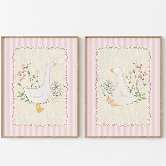 Vintage Nursery Wall Art Silly Goose Canvas Poster Pink Coquette Wall Decor Girls Room Pictures Baby Kids Poster Cute Animal Prints Floral Painting Artwork for Gallery Bedroom 16x24 Inch Unframed