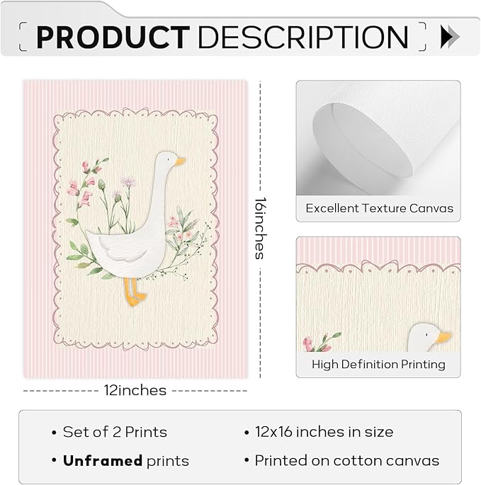 Vintage Nursery Wall Art Silly Goose Canvas Poster Pink Coquette Wall Decor Girls Room Pictures Baby Kids Poster Cute Animal Prints Floral Painting Artwork for Gallery Bedroom 12x16 Inch Unframed