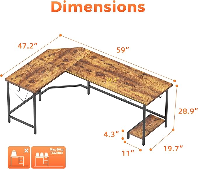 Mericonia 59 inch Large L Shaped Desk, Simple Corner Gaming Desk with CPU Stand & Hooks, Computer Desk for Home, Bedroom & Office Workspace, Dark Brown