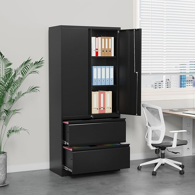 2 Drawer Lateral File Cabinet, Office Storage Cabinet with 2 Wide&Deep Drawers and Locking Doors, Black Metal Cabinet with Adjustable Shelves for Home Office, Fits A4/Letter/Legal Size Folders