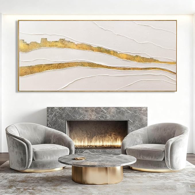 VAYIMDH White and Gold Oil Painting Wall Art Abstract Wall Decor Line Hanging Art 32"x70" Large Artwork for Living Room Decorative Pictures for Office