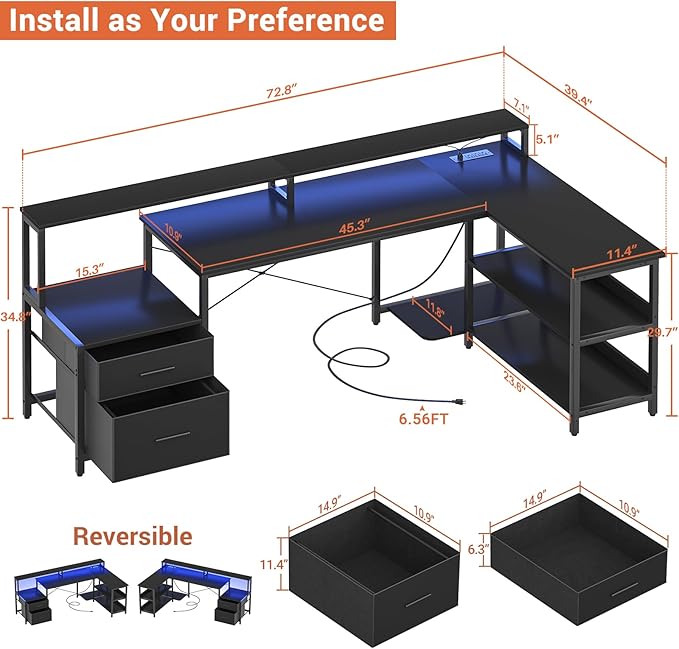 Aheaplus L Shaped Desk with File Drawer, 72.8" Reversible L Shaped Computer Desk with Power Outlet & LED Strip, Gaming Desks with Long Monitor Stand, Corner Office Desks with Storage Shelf, Black