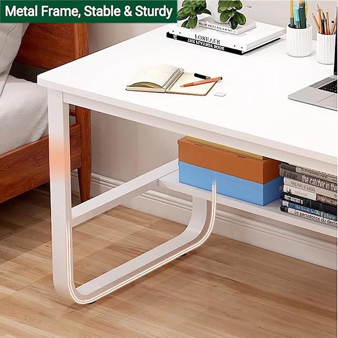Computer Desk with Drawers & Storage Shelves,Modern Home Office Desk Study Desk Writing Desk for Bedroom,Wooden Corner Desk Small Pc Table with Metal Base(39.5" W x 19.5" D x 29" H, Brown)