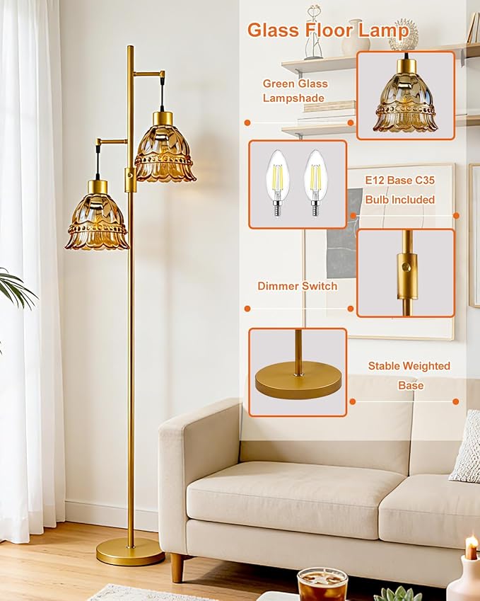 Gold Dimmable Floor Lamp for Living Room, 2-Light 65IN Tall Standing Lamps with Brown Glass Lampshade, 3000K Warmwhite Mid Century Modern Floor Lamp for Bedroom/Home Office/Corner