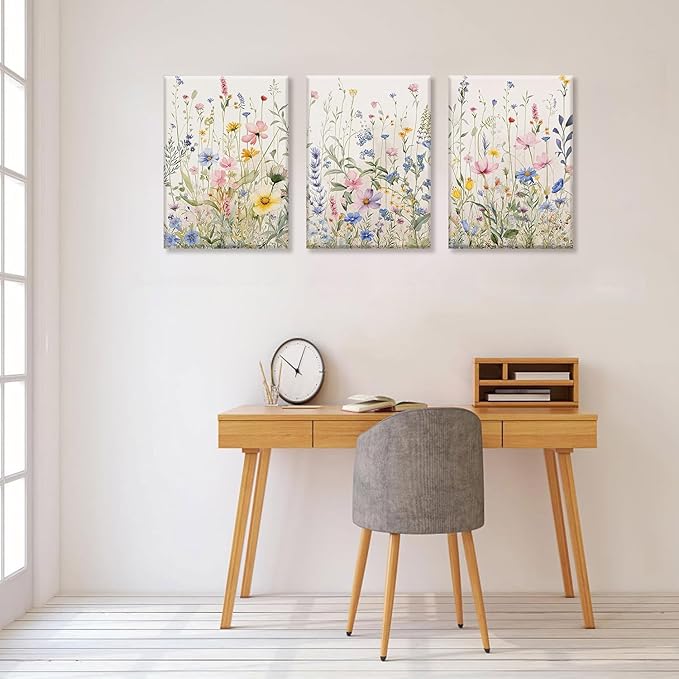 Bwodke Wildflower Wall Art Watercolor Botanical Floral Colorful Canvas Prints Set of 3 Modern Minimalist Flower Pictures Decor Painting Bedroom Bathroom Living Room Nursery 16"x24"