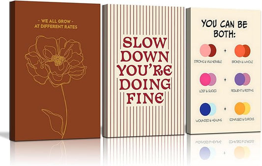 3 pcs Framed Growth Mindset canvas Wall Art Modern Minimalist Inspirational painting Wall decor pictures Slow Down You're Doing Fine poster Prints for Office Therapy Room Home decoration 12x16in