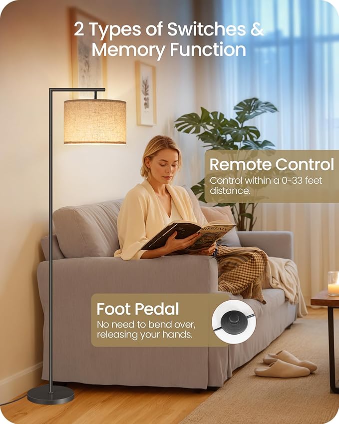 Modern Dimmable Floor Lamp for Living Room with Adjustable Color Temperature LED Bulb, ARC Standing Lamp with Remote Control, Tall Reading Lamp for Bedroom, Office, Black, E11LD05