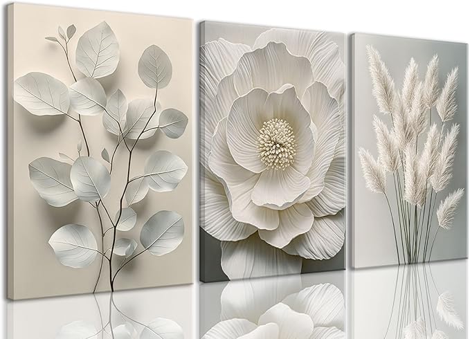 TUEASKY 3 Piece Canvas Wall Art Floral Wall Decor Neutral Pictures Flower Art Prints Botanical Paintings Beige Artwork For Bedroom Living Room