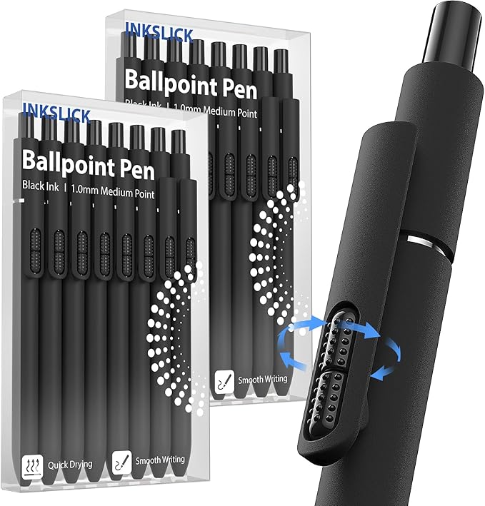 InkSlick- 16 Pack Black Pens - 1.0mm Medium Point Ballpoint Pens | Smooth Writing Retractable Fidget Pen for Nurses, Men, Women, Adults, Teacher, School, Office (Black-16 Pack)