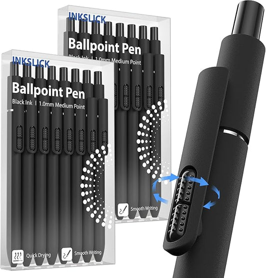 InkSlick- 16 Pack Black Pens - 1.0mm Medium Point Ballpoint Pens | Smooth Writing Retractable Fidget Pen for Nurses, Men, Women, Adults, Teacher, School, Office (Black-16 Pack)