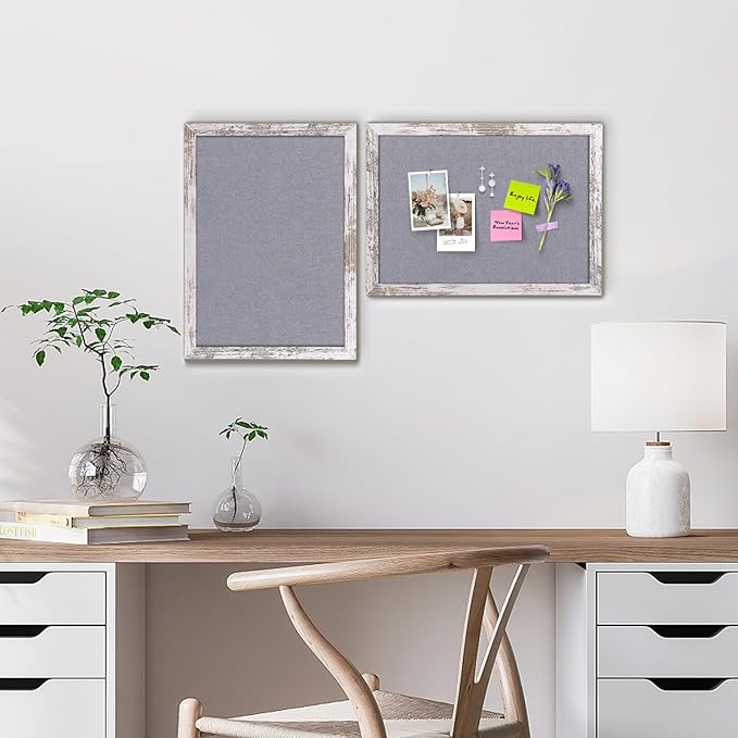 Gray Felt Bulletin Board, 17x13 inches Decorative Hanging Bulletin Boards for Walls with White Rustic Wood Frame, Pin Board Vision Board for Office Home School with Pins (4333,WH,1pc)