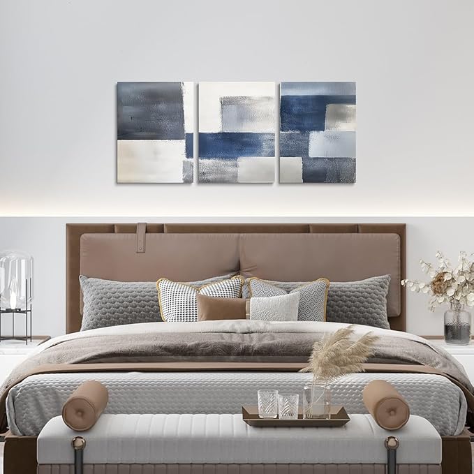 jejeloiu Modern Art 3 Piece Canvas Wall Art for Living Room Bedroom Abstract Art Picture Wall Decor 12"x16"x3pcs Blue Abstract Oil Painting Office Decorations Artwork Posters