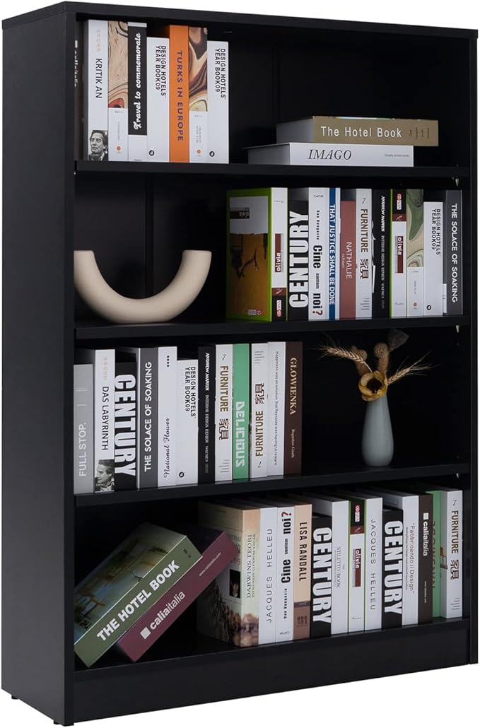 Farini Black Bookshelf for Bedroom 4 Shelf Office Bookcase 48 Inches Tall Modern Wood Bookshelf for Living Room 4 Tier Wide Manga Books