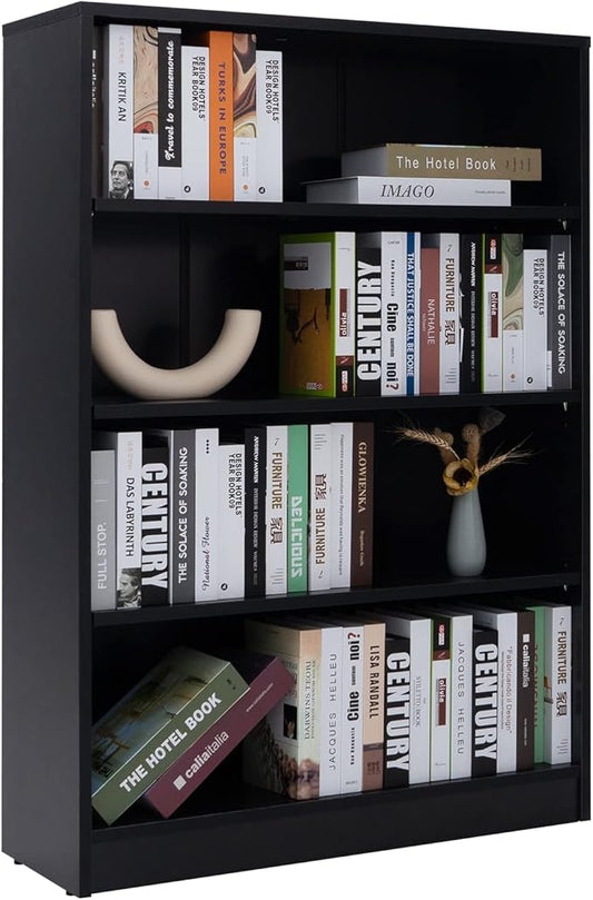 Farini Black Bookshelf for Bedroom 4 Shelf Office Bookcase 48 Inches Tall Modern Wood Bookshelf for Living Room 4 Tier Wide Manga Books