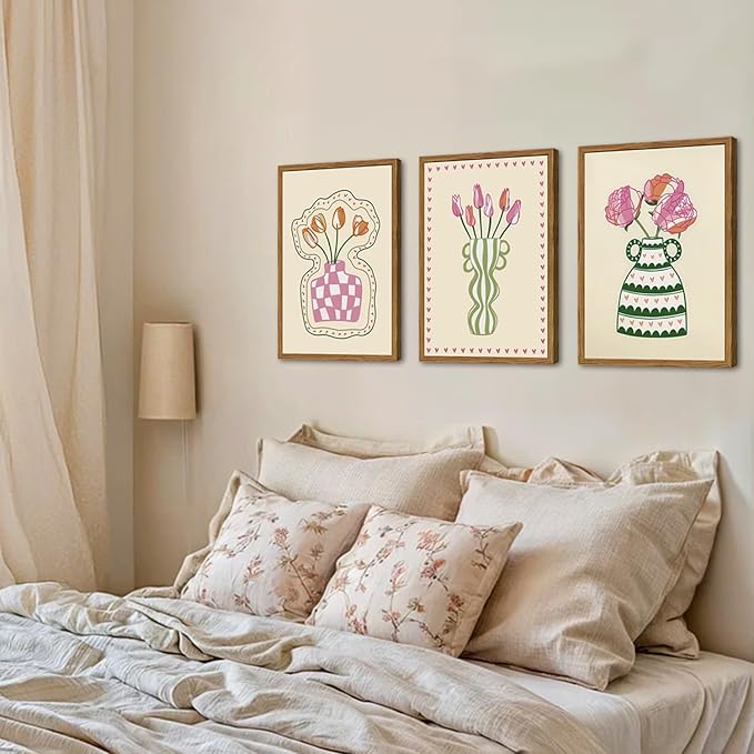 Framed Boho Floral Canvas Wall Art Set of 3, Pink Tulip Flower Paintings Wall Decor, Abstract Botanical Pictures Prints Minimalist Home Decor Aesthetic for Living Room Bedroom Office 12×16 inch