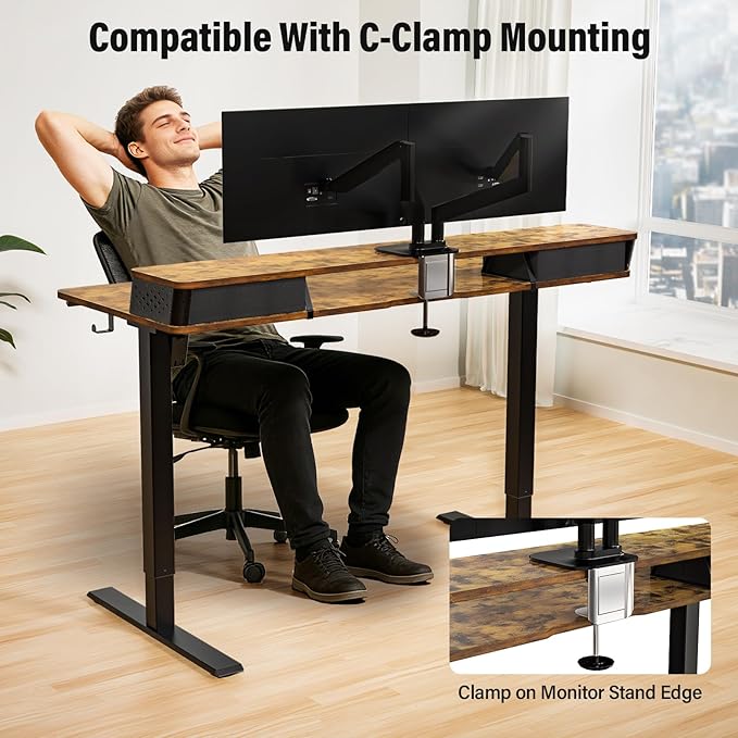 Kingant 48 x 24 Inch Electric Standing Desk with Dual Drawers, Height Adjustable Sit to Stand Computer Desk with Storage Shelf and C-Clamp Mount Compatibility for Home Office, Rustic Brown