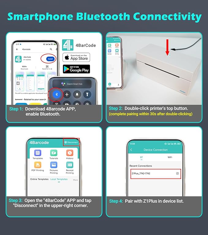 ORGBRO Bluetooth Thermal Shipping Label Printer, Z1-Plus Wireless 4X6 Shipping Label Printer for Small Business Office or Home Support iPhone Android Windows macOS Chrome Amazon Shopify USPS