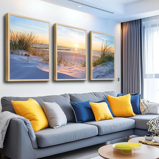 Natural Wood Framed Wall Art for Living Room and Bedroom - Large Size Sun Blue Beach Pictures - Office and Home Decor - Ocean Paintings Set of 3 Piece Framed Art Prints