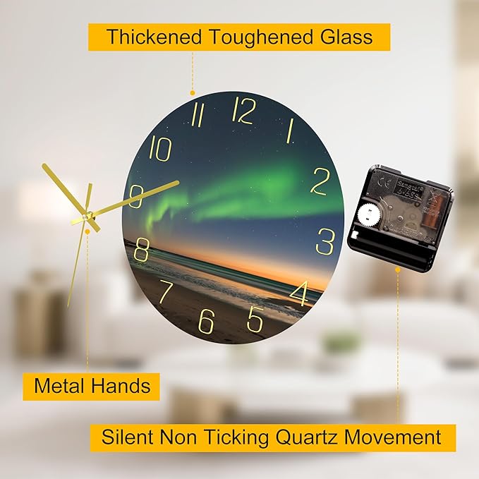 VIKMARI 8 Inch Modern Wall Clock, Aesthetic Black and Gold Decor Accessories, Unusual Silent Non Ticking Aurora Clocks for Living Room/Kitchen/Bedroom/Bathroom/Office (Glass)