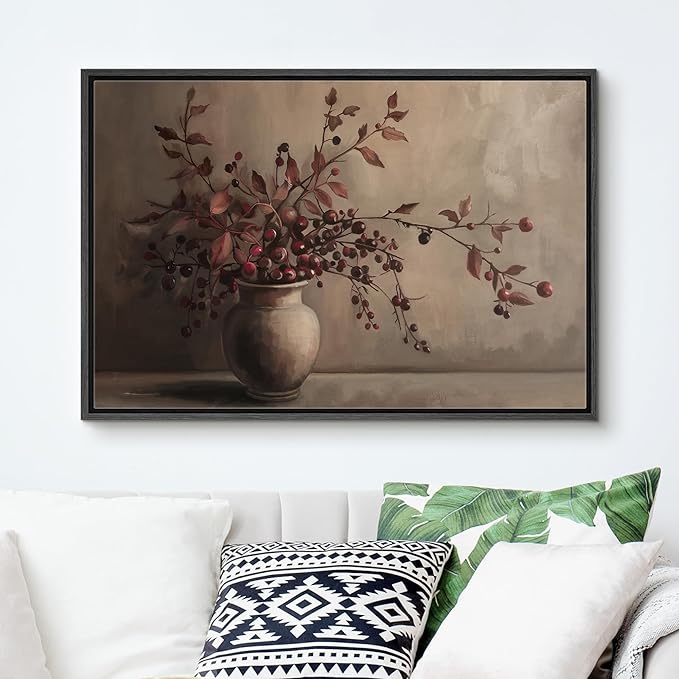 SIGNFORD Framed Canvas Print Wall Art Rustic Berries in Vase Traditional Still Life with Warm Tones Illustrations Modern Art Decorative Relax/Calm for Living Room, Bedroom, Office - 24"x36" Black