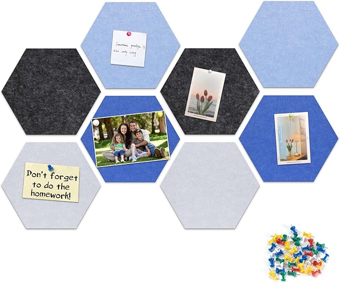 8 Pack Hexagon Felt Bulletin Board Tiles - 11.8" Large Thick Pin Board for Walls with 30 Push Pins, DIY Boards for Office Home School Decor, Aesthetic Hex Cork Board Alternative