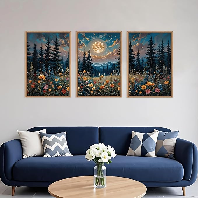 Large Nature Moon Wildflowers Framed Canvas Wall Art,Vintage Forest Flowers Wall Decor,Dark Mountain Night Wall Painting,Wilderness Artwork for Living Room,Bedroom,Dining Room,Office -24"x36"x3