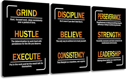 3 Pieces Motivational Entrepreneur Quotes Inspirational Canvas Wall Art Picture Painting Hustle Believe Strength Poster Print for Living Room Office Gym Wall Decor Ready to Hang [72''Wx36''H]