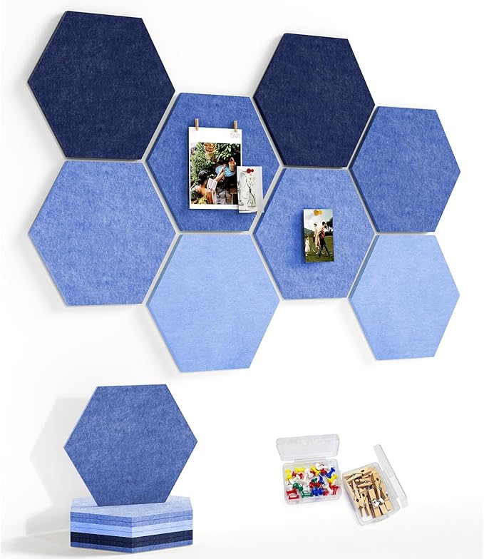 8 Pack Hexagon Felt Bulletin Board Tiles - 11.8" Large Thick Pin Board for Walls with 30 Push Pins, DIY Boards for Office Home School Decor, Aesthetic Hex Cork Board Alternative