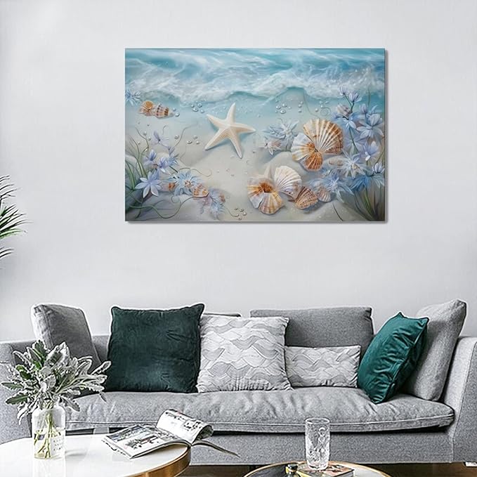 yerretin Beach Seashell Bathroom Wall Art Coastal Starfish Pictures Wall Decor Modern Home Canvas Painting Decorations Artwork for Living Room Bedroom Office Framed, 24"x16"