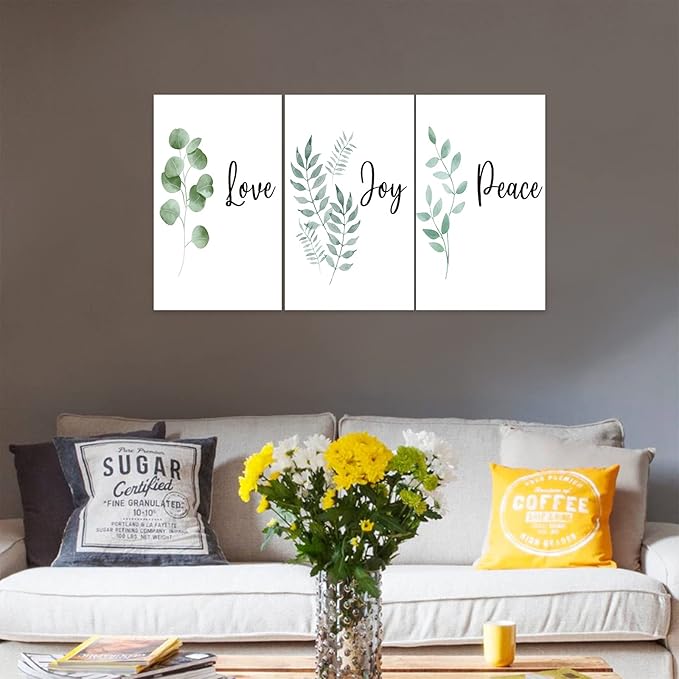 3 Piece Inspirational Wall Art, White Plants Background Picture, Quotes "Love Joy Peace" Canvas Print for Bedroom Decor, Triptych Entrepreneur Painting Framed Artwork for Gym Wall Decor (72"Wx36" H)