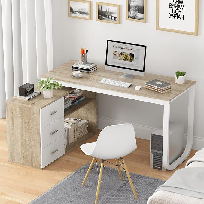 Homsee Home Office Computer Desk Corner Desk with 3 Drawers and 2 Shelves, 55 Inch Large L-Shaped Study Writing Table with Storage Cabinet - Walnut and White