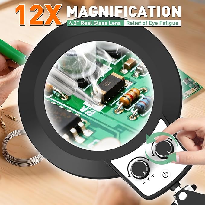12X Magnifying Glass with Light, Ultra Long 3 Section Arm LED Desk Lamp with Large Clamp, 3 Color and Brightness Hands Free Magnifier Light for Workbench Craft(12X 35in Circular Knob Clamp)